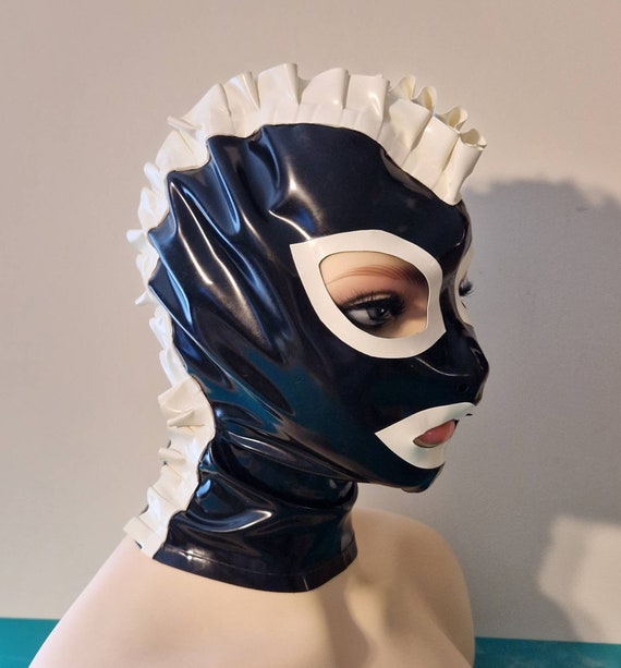 Masque de cagoule en caoutchouc latex noir / blanc fetish wear roleplay  sissy cosplay -  France