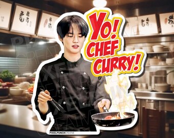 May include: A sticker featuring a man in a chef's uniform cooking in a kitchen. The sticker has the text "Yo! Chef Curry!" in red and yellow letters.