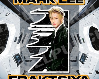 May include: A sticker featuring a black and white illustration of a man with blonde hair. The man is wearing a black jacket and white shirt. The sticker has the text "MARK LEE" at the top and "FRAKTSIYA" at the bottom. The sticker is on a white background.