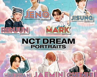 May include: A set of nine colorful stickers featuring portraits of the members of the K-pop group NCT Dream. Each sticker has the member's name in a colorful font and a white background. The names are Jeno, Renjun, Jisung, Mark, Haechan, Jaemin, and Chenle.