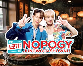 May include: Two men pose for a photo in front of a restaurant. The man on the left is wearing a light blue blazer and the man on the right is wearing a colorful Hawaiian shirt. The text "NOPOGY JUNGWOO & SHOWNU" is in red and blue letters on a white background. The text "포기는" is in black letters on a white background. The text "없다" is in black letters on a white background.