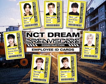 May include: Seven yellow and black employee ID cards with photos of seven different men. The cards are labeled with the text "NCT DREAM DREAMSCARE CONSTRUCTION EMPLOYEE ID CARDS".