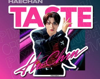 May include: A sticker featuring a person in a black jacket with red stripes, the word "TASTE" in pink block letters, and the name "HAECHAN" above. The sticker also includes the artist's signature in pink.