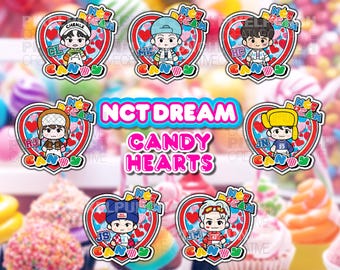 May include: Seven heart-shaped stickers featuring cartoon illustrations of members of the K-pop group NCT Dream. Each sticker has a different member's name and the text "NCT DREAM CANDY HEARTS".
