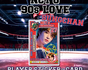 May include: A red and blue player sticker or card featuring a photo of a young man with the text "NCT U 90s LOVE SUNGCHAN" and "DINOSAURS 27". The sticker also includes the text "1990 ALL STAR GAME CHAMPIONS" and "SUNGCHAN RIGHT WING".