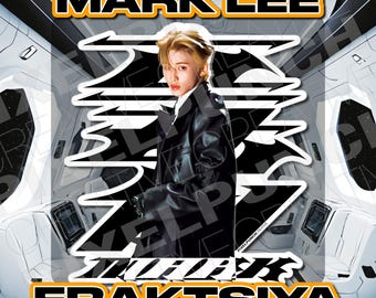 May include: A black and white graphic design with the text "MARK LEE FRAKTSIYA" in orange. The graphic design features a stylized image of a person with blonde hair wearing a black leather jacket.