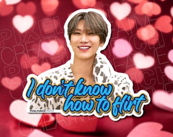 May include: A sticker featuring a photo of a person with brown hair smiling. The sticker has a white border and blue text that reads "I don't know how to flirt".