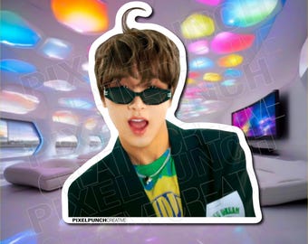 May include: A sticker featuring a person wearing sunglasses and a green blazer. The person is in front of a colorful background. The sticker has the text "PIXELPUNCHCREATIVE" at the bottom.