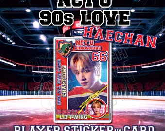 May include: A red, white, and blue hockey card featuring a photo of a young man with blonde hair. The card has the text "NCT U 90s LOVE HAECHAN" at the top and "NCT U DINOSAURS 66" in the upper right corner. The card also has the text "1990 ALL STAR GAME CHAMPIONS" on the left side and "HAECHAN LEFT WING" at the bottom.