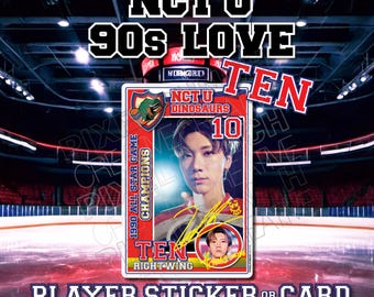 May include: A red and white trading card featuring a photo of a young man with the text "NCT U Dinosaurs 10 TEN Right Wing 1990 All Star Game Champions" printed on it.