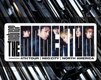 May include: A white banner with black text that reads "THE MOMENTUM - 4TH TOUR | NEO CITY | NORTH AMERICA".  The banner features a group of five people in black clothing with their faces visible.