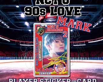 May include: A red, white, and blue player sticker or card featuring a cartoon dinosaur and the text "NCT U Dinosaurs 2". The card features a photo of a young man with gray hair and the text "Mark Center" and "1990 All Star Game Champions".