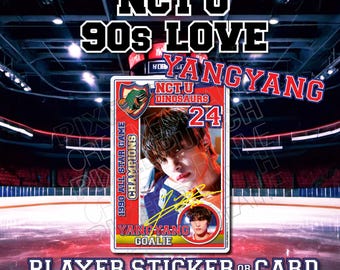 May include: A red and white player sticker or card featuring a photo of a young man with black hair. The card has the text "NCT U Dinosaurs 24" and "Yangyang Goalie" on it. The card is set against a blurry background of a hockey rink.