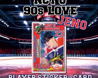 May include: A player sticker or card featuring Jeno from NCT U. The card has a red, white, and blue color scheme with the text "NCT U 90s LOVE" at the top. The card also includes the text "1990 ALL STAR GAME CHAMPIONS" and "JENO GOALIE".