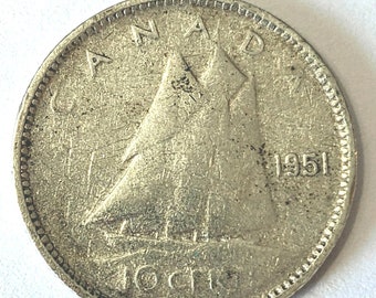 1951 silver DIME Canada, Canadian 10 cent coin with King George VI ~ over 70 years old