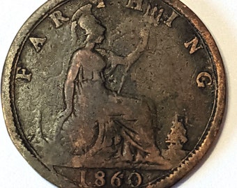 1860 Great Britain FARTHING with Queen Victoria Copper United Kingdom Uk Coin ~ 164 years old