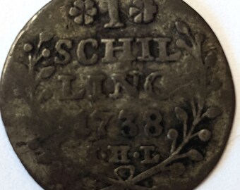 Vintage 1 SCHILLING COIN, 1738 Hamburg Germany silver coin featuring German castle, collectible approaching 300 years old