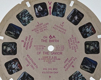 Vintage ViewMaster REEL CH 6A, The Birth of The Savior, A Bible Study, 1947 single reel with booklet and sleeve, Jesus, Mary, and Joseph