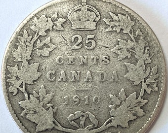 CANADA silver QUARTER, 1910 Canadian 25 cent coin with King Edward VII ~ 114 years old, 92.5% silver