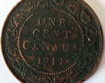 1914 Canada PENNY, large 1 cent Canadian copper COIN with King George V ~ 109 years old