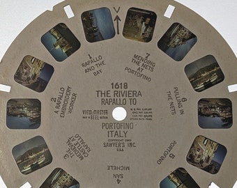 RIVIERA ITALY ViewMaster Reel 1618, 1949 Single Reel Sawyers, The Riviera Rapallo To Portofino, Medieval Castle, fishing nets, 75 years ago