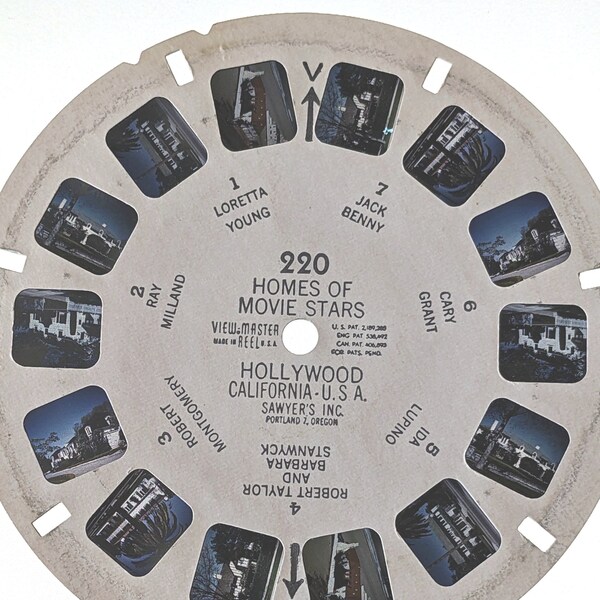 Homes of MOVIE STARS Viewmaster REEL, 1940's or 50's Sawyer's View-Master single Reel 220, Jack Benny, Cary Grant, Loretta Young