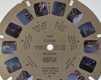 1959 ViewMaster Reel No. 1981,  OSTEN BELGIUM, Single Reel Sawyers, Flowered Clock, Wellington Hippodrome horse racing, 65 years ago