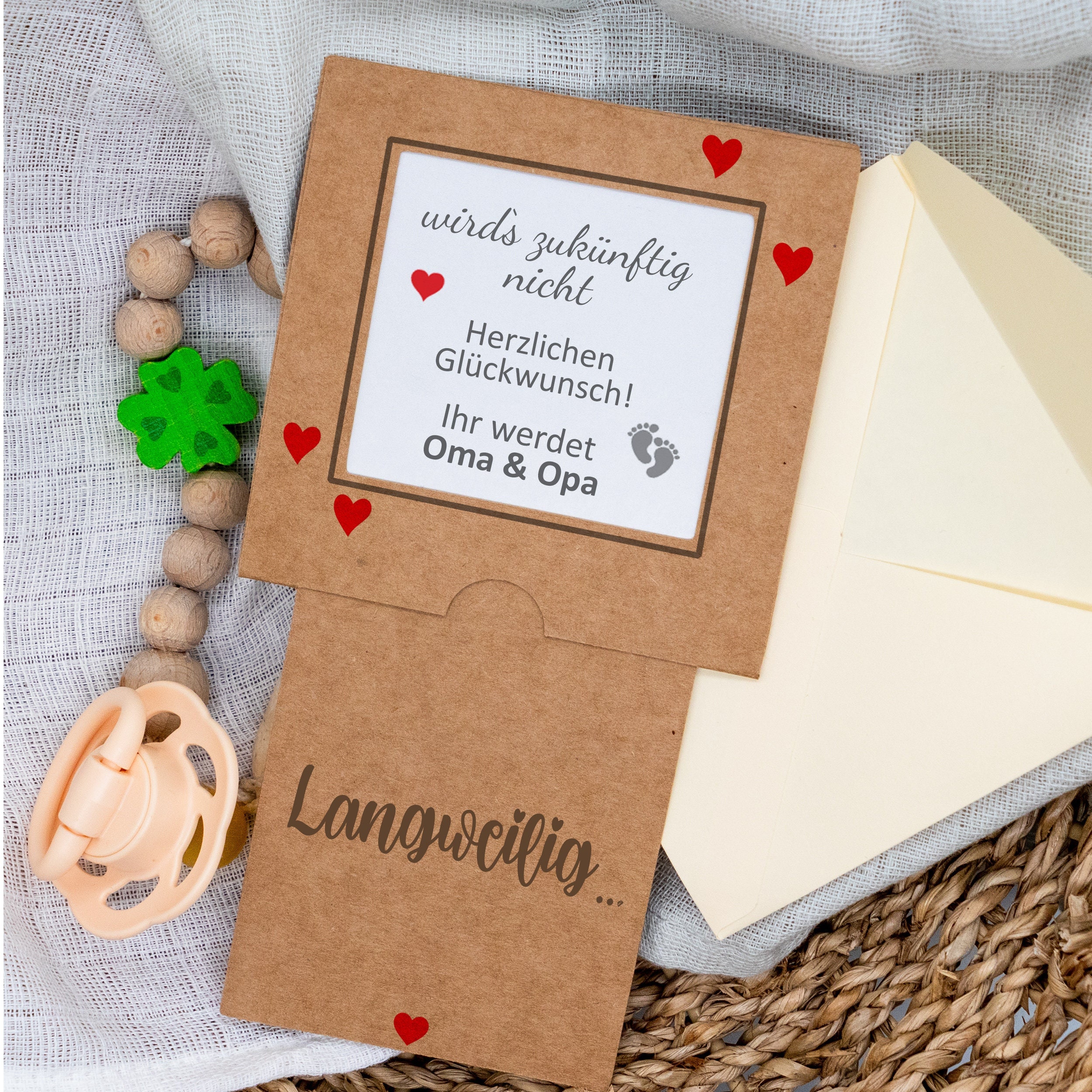 Pregnancy announcement card with the print "It won't be boring... ...in the future. Congratulations! You're going to..."