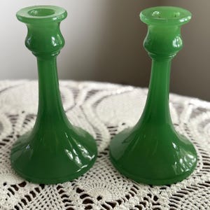 Jadeite Candle Holders-Northwood Glass 1900s Central Glass Works Jade Green Candlesticks-McKee jadeite-Jeanette Jadeite-Fire King-Dark Jade
