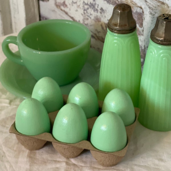 Jadeite Eggs-SET 6-Jadeite Farmhouse Eggs in carton-Jadeite Egg-Custom Jadeite Paint-Handmade Jadeite Painted Eggs-Farm Fresh Eggs- painted