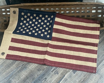 American flag-Tea stained flag- Burlap flag- USA Flag- primitive American flag- vintage American flag- Farmhouse Americana - 4th of July