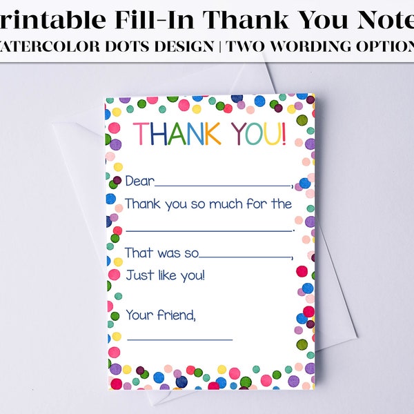 Fill-in-the-Blank Thank You Cards Printable for Kids | Thank You Notes | Kids Thank You Card | Instant Download | Birthday Thank You