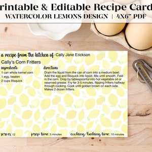 Tarjetas de recetas editables e imprimibles con diseño de limón en acuarela / Descarga instantánea / Tarjeta de recetas / Plantilla de tarjeta de recetas / Regalo de inauguración de la casa