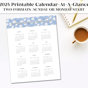 2024 Calendar Printable with Daisies | Printable Yearly Calendar | Kitchen Calendar | Office Decor | Vertical Calendar