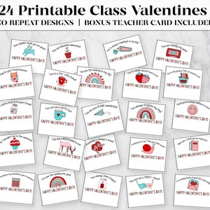 24 Printable Classroom Valentines | Bonus Printable Teacher Valentine Card | Class Valentines | Printable Valentines | Digital Downloads