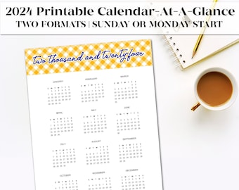Preppy Gingham 2024 Calendar Printable | At-a-Glance Calendar | 2024 Wall Calendar Office Decor | Sunday or Monday Start Options