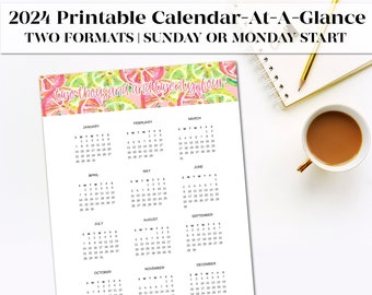 Printable 2024 Wall Calendar Year At a Glance | Preppy Citrus Printable Digital Printable Calendar | Year at a Glance 2024 Calendar