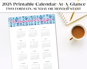 Printable 2024 Wall Calendar Year at a Glance Printable Digital ...