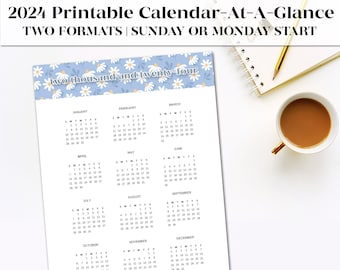 2024 Calendar Printable with Daisies | Printable Yearly Calendar | Kitchen Calendar | Office Decor | Vertical Calendar