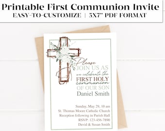 Printable First Holy Communion Invitation for Sons | First Communion Invitation Template | Editable Template | Instant Download