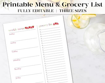 Printable Weekly Meal Planner & Grocery List - Watermelon Theme | Editable | Menu Planner | Meal Plan | Meal Prep | Weekly Meal Plan