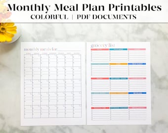 Printable Monthly Meal Planner and Grocery List | Menu Planner | Shopping List | Meal Plan | Meal Plan Template | Meal Planner | Meal Prep