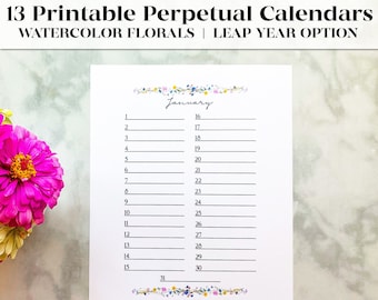 Printable Floral Perpetual Calendar | Desk Calendar | Undated Calendar | Yearly Planner | 2023 Calendar | Watercolor Calendars | Calendars