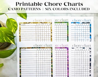Printable Camo Chore Charts | Kids Chore Chart | Responsibility Chart | Kids' Reward Chart | Weekly Chore Chart | SIX Colors | Routine Chart