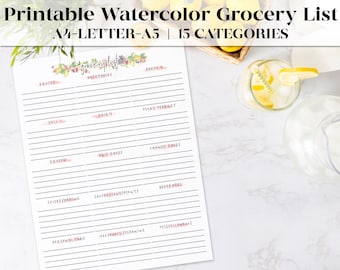 Printable Watercolor Grocery List | Includes 15 Lined Categories | Instant Download | A4, A5, Letter PDFs | Perfect for Meal Planning