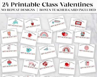 24 Printable Classroom Valentines | Bonus Printable Teacher Valentine Card | Class Valentines | Printable Valentines | Digital Downloads