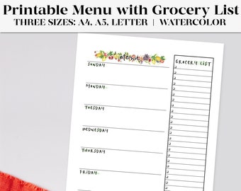 Watercolor Printable Meal Planner with Shopping List | Weekly Menu Planner | Grocery List | Meal Planning | Instant Download