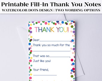 Fill-in-the-Blank Thank You Cards Printable for Kids | Thank You Notes | Kids Thank You Card | Instant Download | Birthday Thank You