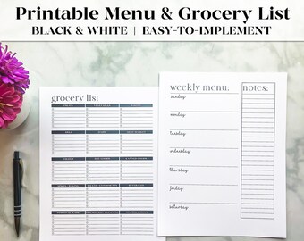 Weekly Meal Planner with Grocery List Printable in Black & White | Weekly Menu Planner | Menu Planner | Grocery Checklist | Shopping List