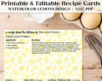 Editable & Printable Recipe Cards with Watercolor Lemon Design | Instant Download | Recipe Card | Recipe Card Template | Housewarming Gift